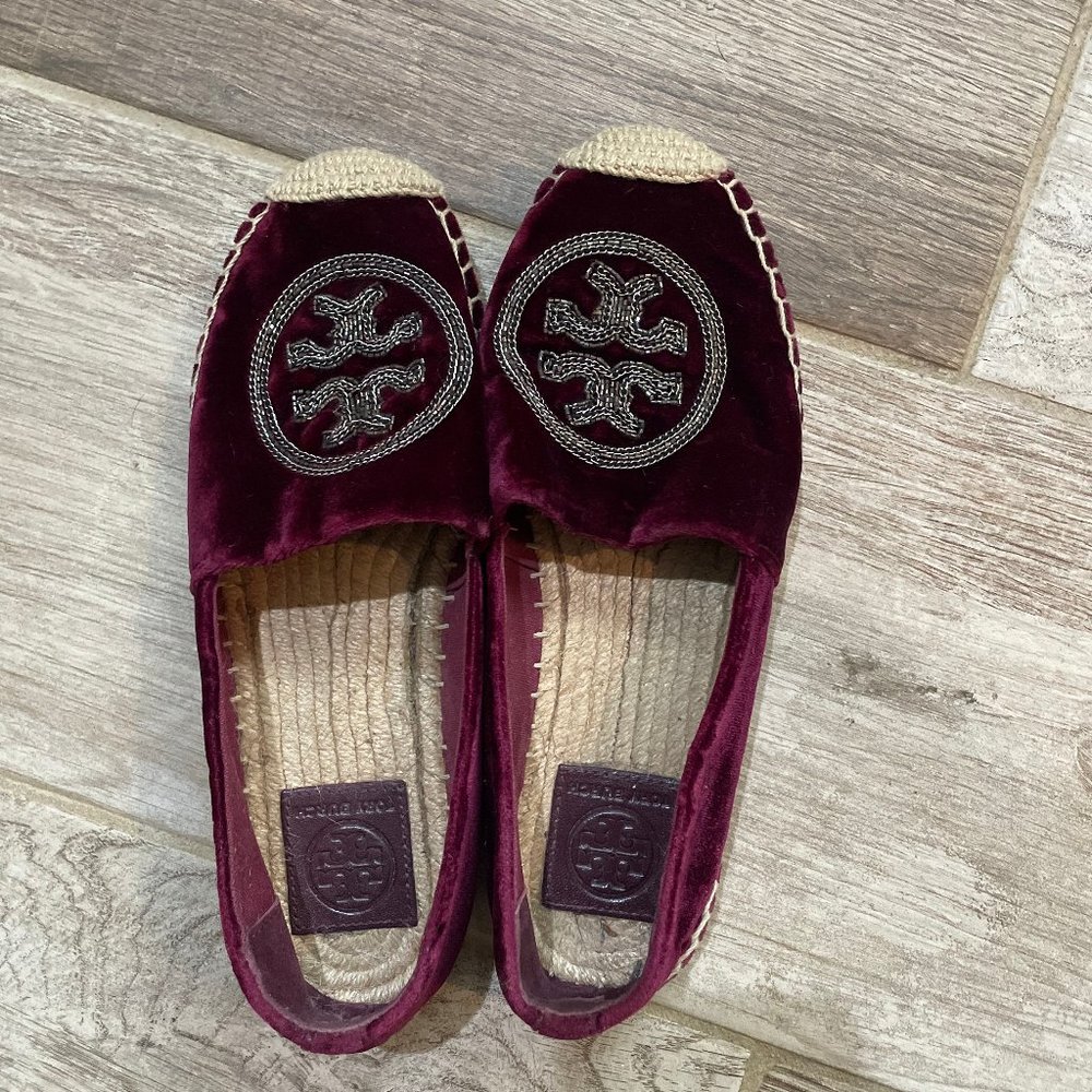 ❌SOLD ❌ Tory Burch Logo Burgundy Velvet Espadrilles